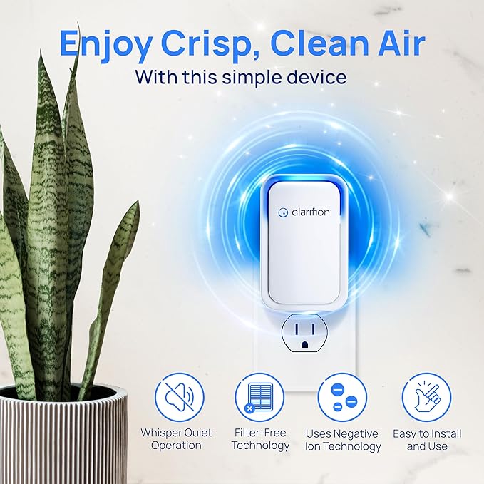 Clarifion - Air Ionizers for Home (1 Pack), Negative Ion Filtration System, Quiet Air Freshener for Bedroom, Office, Kitchen, Portable Air Filter Odor, Smoke Dust, Pets, Eliminator, Mini Air Cleaner
