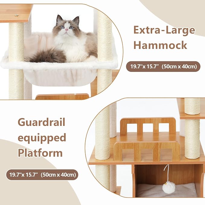 Gitelsnour Modern Cat Tree Tower, 2-Layer Condo & Perch, Big Hammock 102WB | 70.9''Wooden Cat Tower House Large Platform with Safe Guardrail for Indoor Cats Adult, All Sisal Scratching Post, Walnut