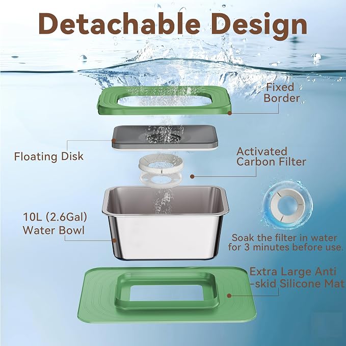 10L No Spill Dog Water Bowl, 2.6 Gal Stainless Steel No Splash Large Dog Water Bowl with Non-Slip Silicone Mat, Spill Proof Slow Drinking Pet Bowls for Messy Drinkers Indoor/Outdoor Use Green
