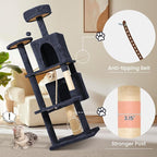 58.5inch Large Cat Tree Tower Condo for Indoor Cats, Soft Plush Multi-Level Climbing Tree Cat House with 2 Cat Cave, Scratching Post, More Entrance/Exit, Sisal Staircase, Light Black