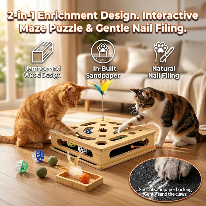 Cat Scratch Puzzle Enrichment Box, Bamboo Wooden Cat Nail File Enrichment Toy, Claw Saver Toy for Cats