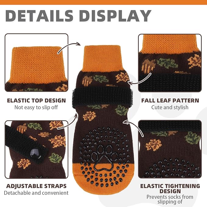 KOOLTAIL Thanksgiving Anti Slip Dog Socks for Hot/Cold Pavement to Prevent Licking Paws, Fall Dog Boots&Paw Protector with Grippers for Hardwood Floors, Traction Booties for Small Medium Large Dog, SM