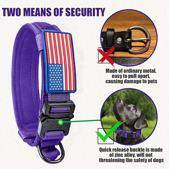 Tactical Military Dog Collar - Adjustable Nylon, Heavy Duty Metal Buckle With Handle for Training, With Patches (Purple, L)
