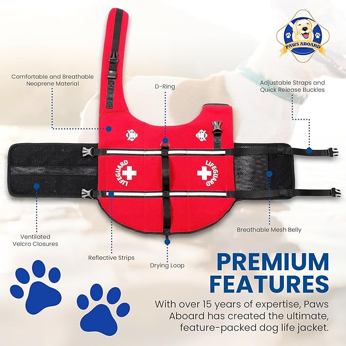 Dog Life Jacket — Premium Swim Vest with SafeChin Anti-Choke Collar | PAWS Aboard Red | RapidLift Rescue Handle, D-Ring, Reflective Trim | Boating, Kayaking, Pool | X-Large (80–110 lbs)