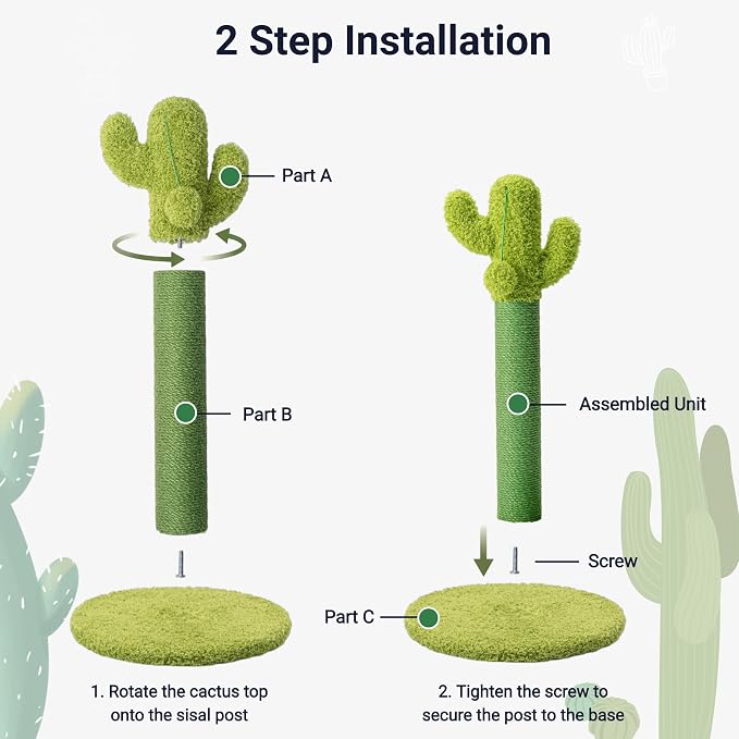 Happi N Pets Cactus Cat Tree, Cactus Cat Scratching Post with Toys | Natural Sisal, Skin-Friendly Microfiber Plush, Cute Home Decor, For All Cats, Bonus Toys & Catnip, Stable Cat Scratchers