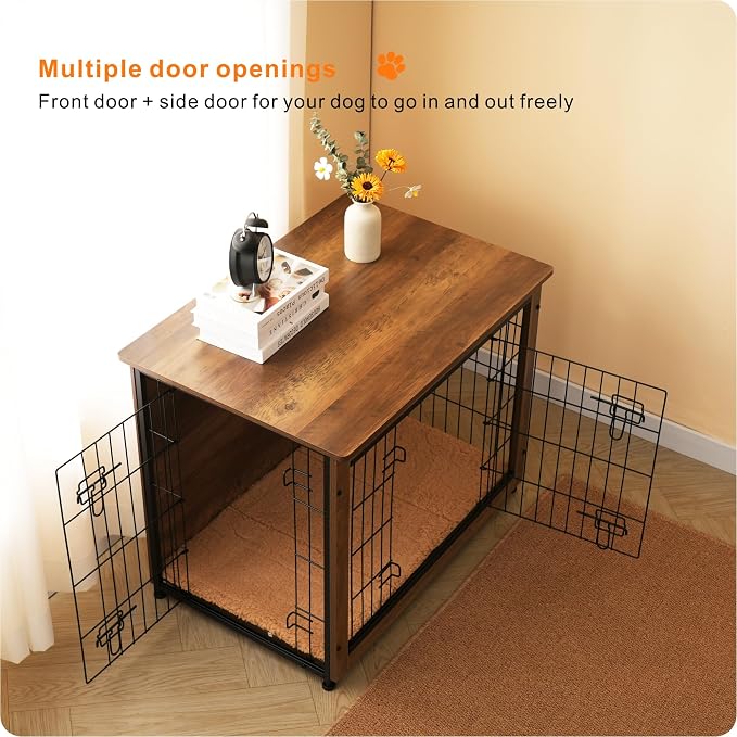 DWANTON Dog Crate Furniture with Cushion, Wooden Kennel Table with Double Doors, Indoor Dog House, Medium Size, 32.5" L, Warm Brown