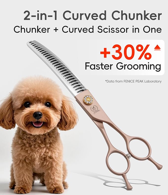 Professional Curved Chunker Dog Grooming Scissors 7.0'' Rose Gold Thinning Shears Extremely Sharp Blades 440C Stainless Steel Thinning Shears Durable Smooth Fine Cut for Dogs and Cats.