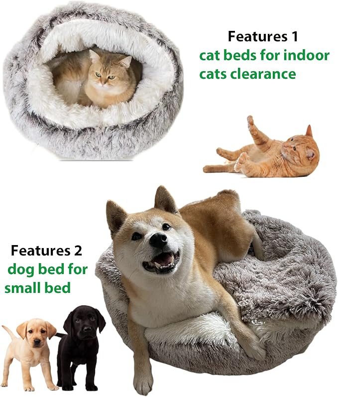 ShinHye Cat Bed Round Plush Fluffy Hooded Cat Bed Cave, Cozy for Indoor Cats or Small Dog beds, Soothing Pet Beds Doughnut Calm Anti-nxiety Dog Bed - Waterproof Bottom Washable (26×26inch, Coffee)