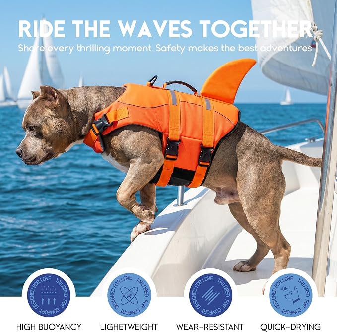 ASENKU Dog Life Jacket - Pet Safety Vest for Swimming & Boating, Shark Life Jacket with Floatation, Dog Lifesavers Swimsuits for Small Medium Large Dogs (OrangeMix, XS)
