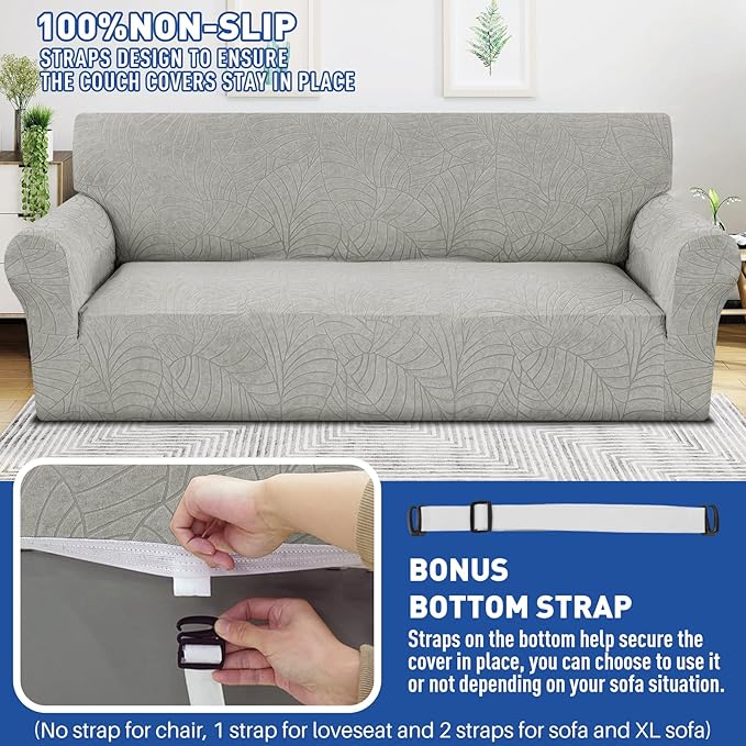 YEMYHOM Couch Cover Latest Jacquard Design High Stretch Sofa Covers for 3 Cushion Couch, Pet Dog Cat Proof Slipcover Non Slip Magic Elastic Furniture Protector (Large, Begonia Leaf Light Gray)
