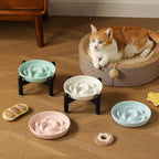 Elevated Ceramic Slow Feeder Cat Bowl, 6.3'' Wide Whisker Friendly | Slow Eating 5x, Anti Vomit Shallow Slow Eating Cat Dish, 3.9" H Raised Cat Puzzle Feeder for Dry and Wet Food, 6.3" X 1.2"