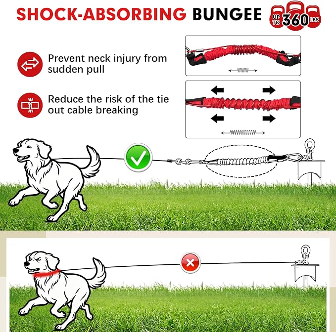 Snagle Paw Dog Tie Out Cable and Stake with Lock-Cap,Heavy Duty 20FT Dog Yard Leash & Stake with Shock Absorbing Bungee Tether,Rust Proof Ground Anchor for Yard, Beach, Camping & Outdoor,up to 360 Lbs