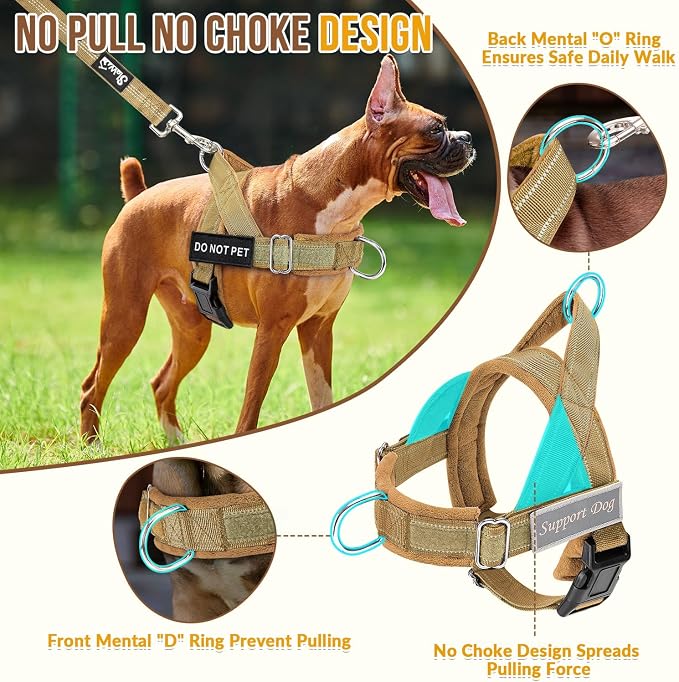 SlowTon No Pull Dog Harness - Heavy Duty Dog Harness and Leash Set for Medium Large Dogs, Reflective Tactical Harness with Soft Padded and Front Clip for Easy Walk and Training (Tan, S)