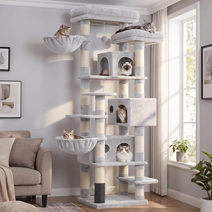 Hey-brother Cat Tree, 74 inches Multi-Level XL Large Cat Tower for Indoor Cats with Three Cat Condos, Two Large Top Decks and Cat Hairbrushfor Kittens, Cats and Pets, Light Gray MPJ035-MW