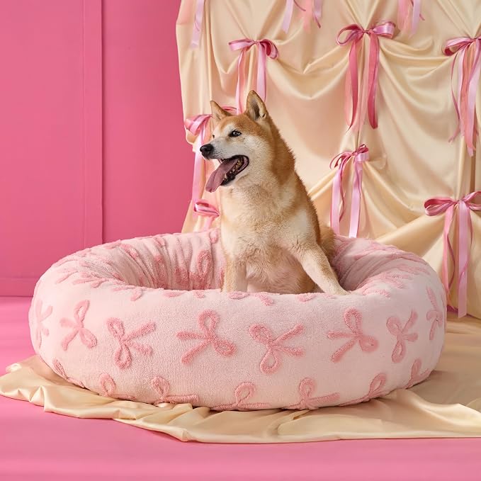 LE SURE Shown on TV Jacquard Donut Dog Beds Medium,Pink Taffy 30x30x8in | Orthopedic Calming Pet Bed Sofa, Original Design Pattern,Washable Cover,Cute Home Decor as Gift for Pet,Anti Slip Bottom
