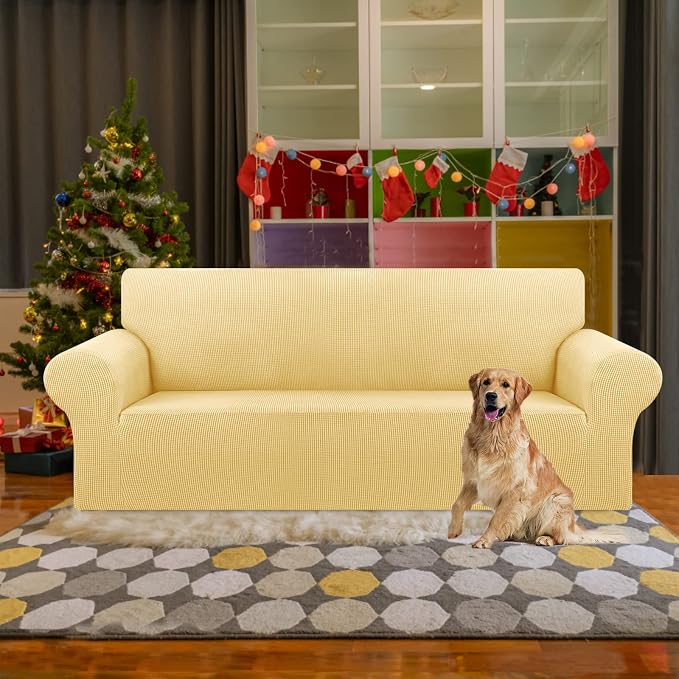 Stretch Couch Covers for Sofa, 3 Cushion Couch Slipcover,Champagne | 1-Piece Washable Sofa Cover Pet Friendly(78"-94") Furniture Protector Soft Jacquard, Elastic Bottom for Dogs & Kids