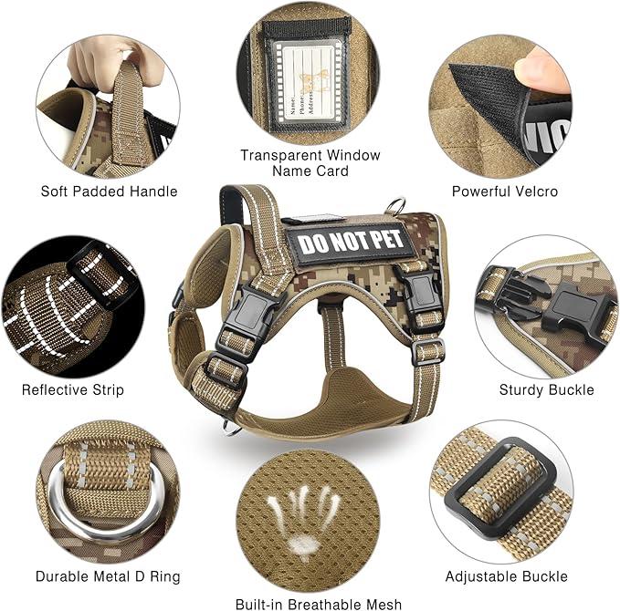 Tactical Dog Harness and Leash Set with 10 Patches for Large Dogs | Heavy Duty No Pull Service Animal Dog Vest with Dog Seat Belt ,Adjustable Reflective Easy Walk for Training Hiking Camo L