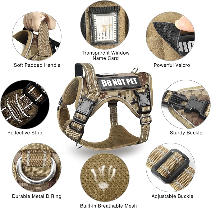 Tactical Dog Harness and Leash Set with 10 Patches for Large Dogs | Heavy Duty Adjustable No Pull Service Dog Vest with Dog Seat Belt,Reflective Easy Walk for Training Walking Hiking Camo XL
