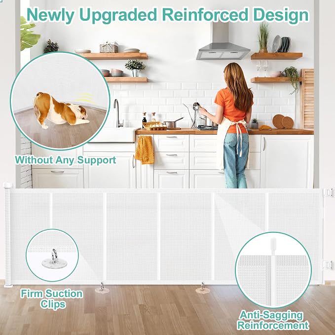 EZIGO 120 Inch Retractable Baby Gates Extra Wide Reinforced Baby Dog Gate | 34 Inch Tall Retractable Dog Gate with Reinforced Strip Mesh Safety Pet Gate for Stairs Hallway Doorway Indoor Outdoor, White