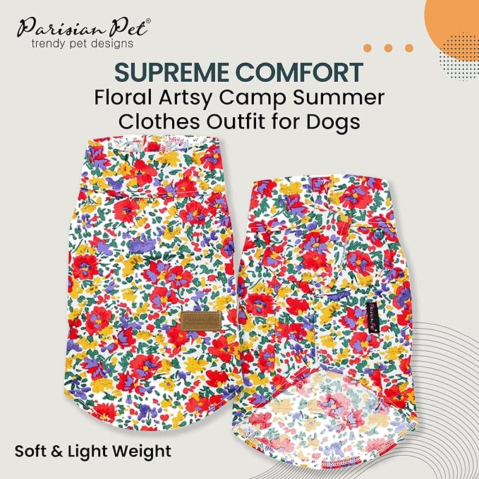Parisian Pet Floral Dog Shirt - Cotton Clothes for Small Dogs - Stylish Dog Beach Outfit - Lightweight and Soft Puppy Clothes - Trendy Camp Tshirts for Dogs - Comfortable Summer Vacation Pet Apparel