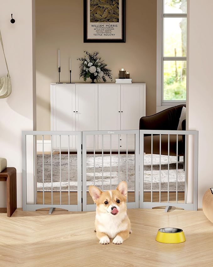 Free Standing Dog Gate Indoor, Foldable Dog Gate for Doorways Stairs | 3-Panel Freestanding Pet Gate with Support Feet for Stability, Folding Puppy Gate Easy to Move, Doggy Gate 54"x24", Grey