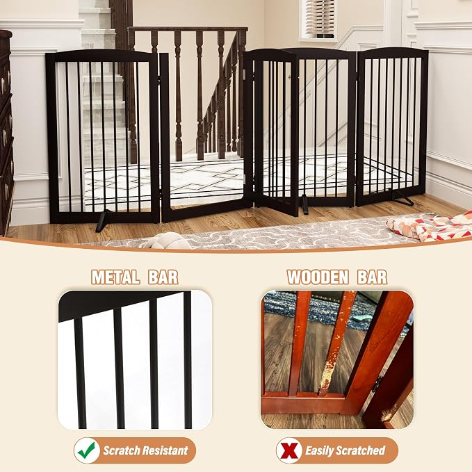 PUPETPO Freestanding Dog Gates with Door Walk Through, 80 inch Wide Gates Indoor, Dog Fences Indoor, Support Feet Included, 4 Panels, 32" Tall, Dark Brown