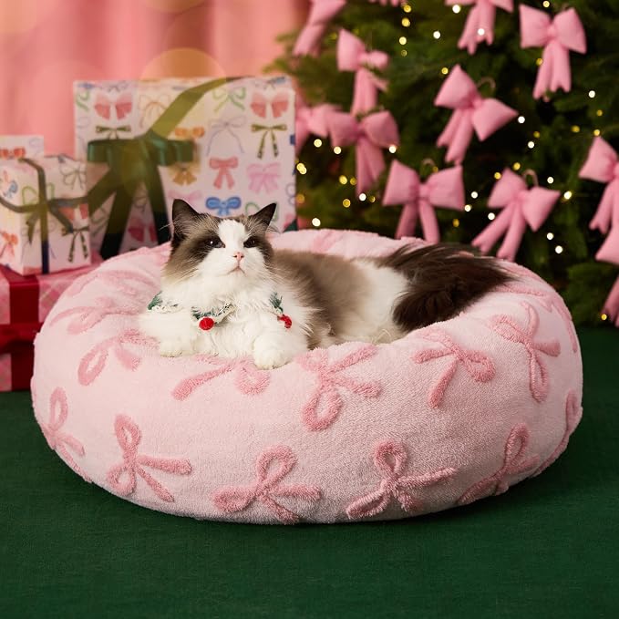 LE SURE Shown on TV Jacquard Donut Cat Beds Indoor,Pink Taffy 20x20x6in | Orthopedic Calming Puppy Bed,Cute Original Design Pattern,Washable Cover, Home Decor as Gift for Pet ,Anti Slip Bottom