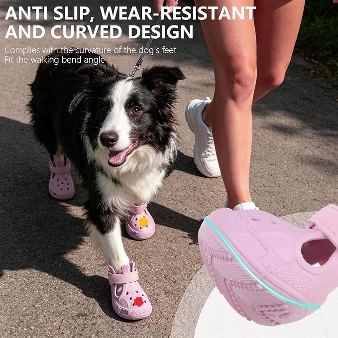 EXPAWLORER EVA Dog Shoes for Hot Pavement, Non-Slip Waterproof Reflective Adjustable Dog Booties Boots & Paw Protectors, Easy ON & Off Rugged Sole for Small Medium Large Dog Outdoor Walking (Pink,5)