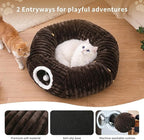 Cat Tunnel Bed Cave - Washable Cushion for Indoor Cats, Peekaboo Hideaway Cave for Indoor Cats, Kittens, Puppies, Rabbits, Luxurious Striped Hare-Feel Fabric, Tunnels for Indoor Cats Large (Coffee)