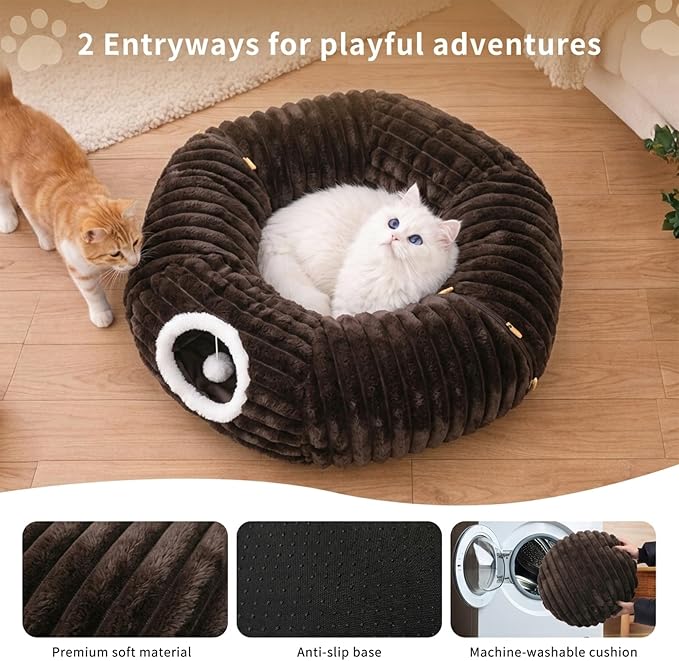 Cat Tunnel Bed Cave - Washable Cushion for Indoor Cats, Peekaboo Hideaway Cave for Indoor Cats, Kittens, Puppies, Rabbits, Luxurious Striped Hare-Feel Fabric, Tunnels for Indoor Cats Large (Coffee)