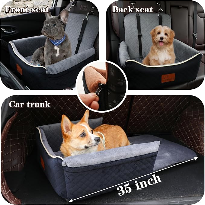 Dog Car Seat Bed 2 in 1 for Small/Medium Dogs up to 35 lbs,Adjustable Safety Leashes,Memory Foam with Soft Fabric Pets Travel Car Bed,Easily Installed in Front and Back seat,Removable and Washable.