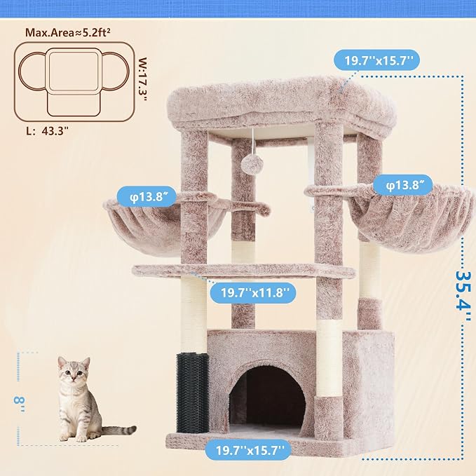 Hey-brother Cat Tree Tower with Large Platform, Spacious Condo, MPJ060MU | 35.4 Inches, 2 Cozy Hammocks, Self-Grooming Brush, Sisal Scratching Posts for Big Indoor Adult, Maine Coon, Muchroom