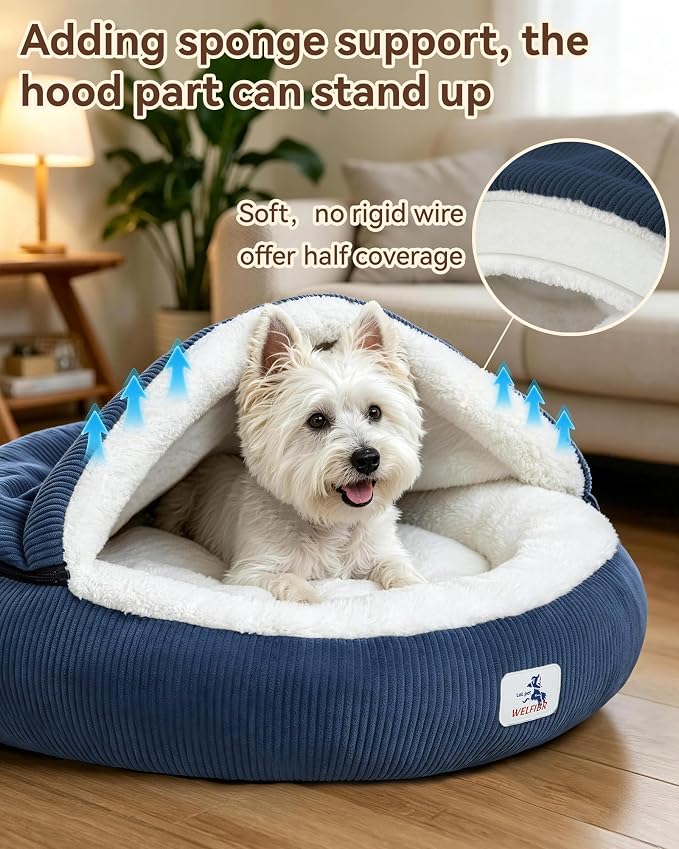 Calming Cozy Dog Cave Cover Bed, Small Doggy Anti Anxiety, Washable | Not Collapsing, Stand Up Hooded Cover, Cozy Round Fluffy Cocoon Beds Medium Cat, 2 in 1 Removable, Neck Support, Blue