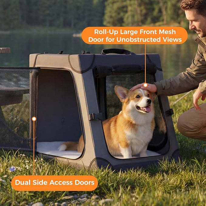 Snagle Paw Portable Dog Crate for Car Travel,Metal Frame Pet Crate,Pet Carrier for Car Back Seat Secures with Headrest Strap and Seatbelt,M,Gray