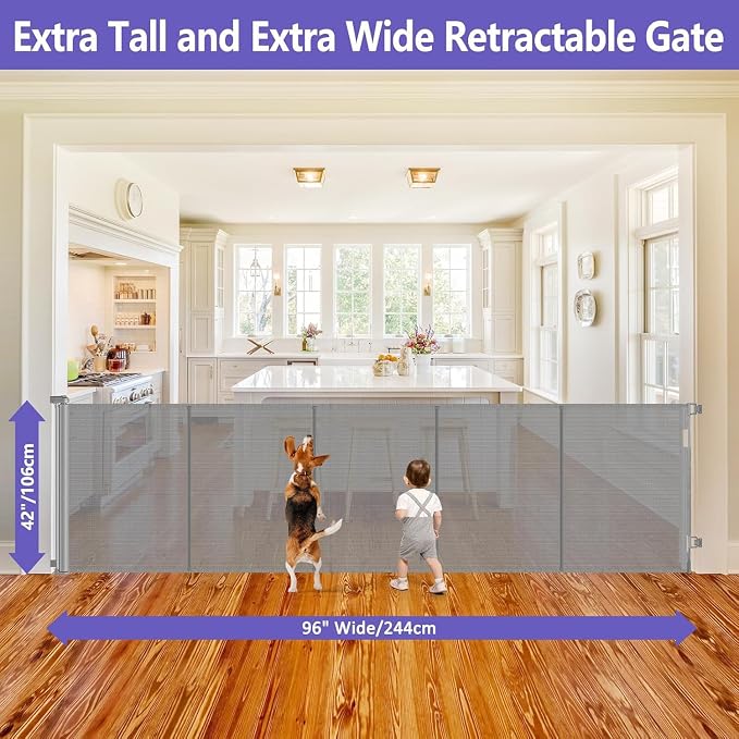 Reinforced 42" Tall Pet Gate x 96" Long Baby Gate, Prevents Crawling Under | Indoor/Outdoor Tall Retractable Gate, Space-Saving, One-Hand Operation Safety Lock, Scratch-Resistant Mesh, Easy Install/Gray