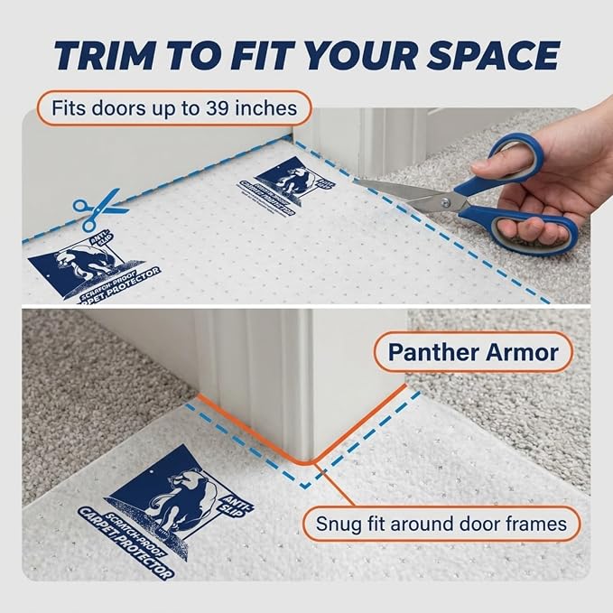 Panther Armor Cat Carpet Protector, Clear Plastic Runner Mat 12 x 43 in | Carpet protector for pets. Stops cats scratching carpet in doorways. Rug runner and door mat