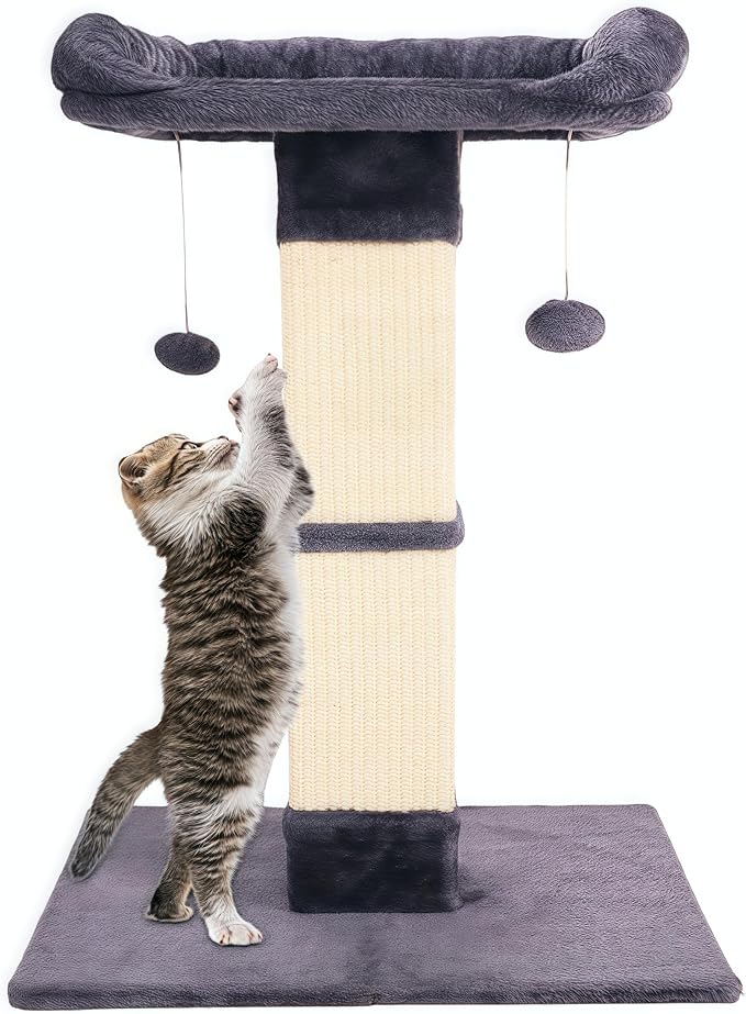 34" Cat Scratching Post for Indoor Cats, Sisal Cat Scratcher with Large Plush Perch, Vertical Posts with Elevated Bed and with Two Dangling Balls, Removable & Washable Cover, Dark Grey