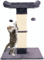 34" Cat Scratching Post for Indoor Cats, Sisal Cat Scratcher with Large Plush Perch, Vertical Posts with Elevated Bed and with Two Dangling Balls, Removable & Washable Cover, Dark Grey