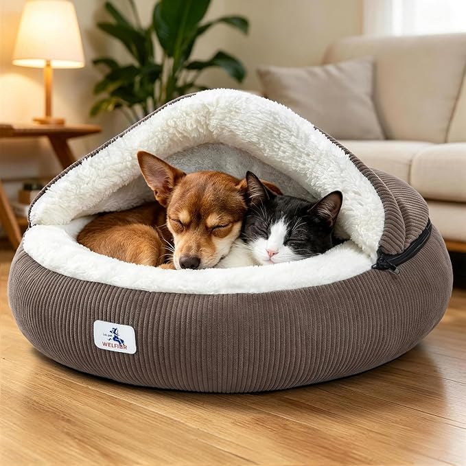 Calming Cozy Dog Cave Cover Bed, Doggy Anti Anxiety, Washable Brown | Not Collapsing, Stand Up Hooded Cover, Cozy Round Fluffy Cocoon Beds Small Medium Cat, Muddy Proof Removable, Neck Support