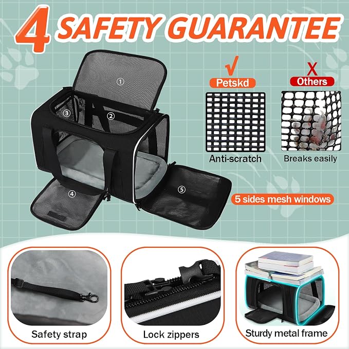 Petskd Small Pet Carrier 17"x11"x9.5" with Wheels Airline Approved, Black | for Alaska Airlines, Lockable Safety Zippers and Anti-Scratch Mesh, Pets Under 10 lbs