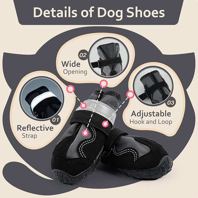 PAWsay Dog Boots Water-Resistant Non Slip Doggy Shoes | Non Slip Puppy Boots with Reflective Straps Prevent Injury Scratching Comfy Boots with Soft Thin Lining Lighten Friction