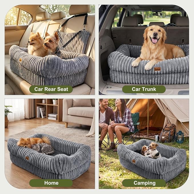 Pawaboo Dog Car Seat Bed, Memory Foam Booster for Medium/Large Dogs, Gray | Rear-seat pet travel bed with washable cover, safety leashes, thick cushion, and room for 2 small dogs