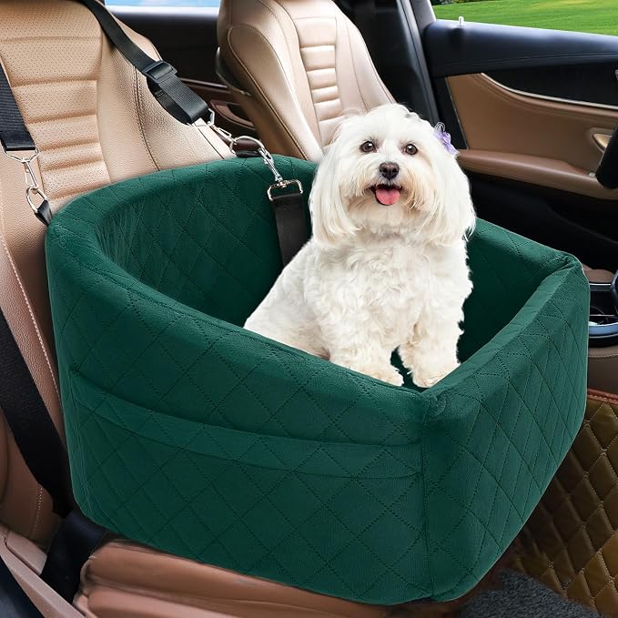 NEEZUKAR Dog Car Seat for Small Medium Dogs,Detachable Washable Dog Booster Seat Under 30lbs, Pet Car Seats Travel Bed with Storage Pockets and Safety Belt(Green)