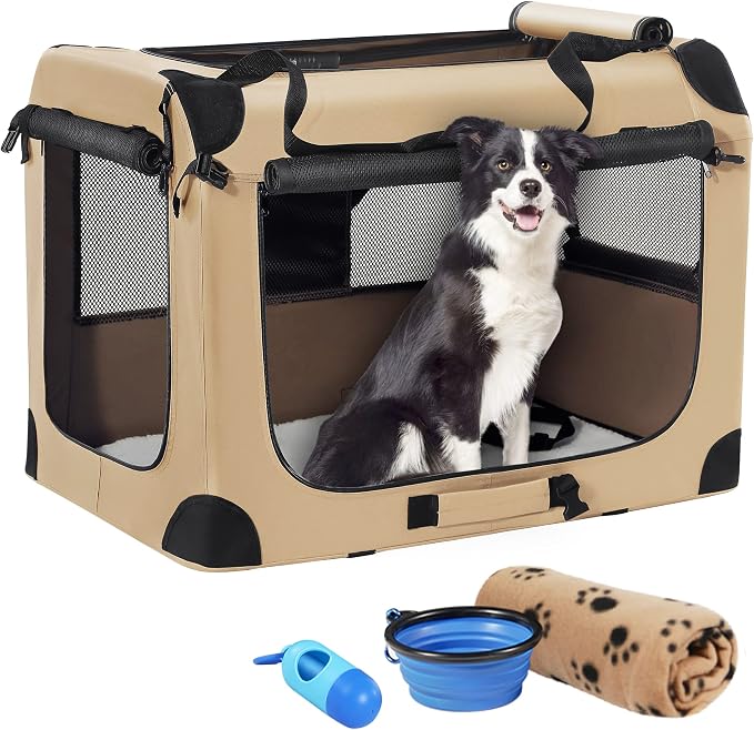 Petprsco Portable Dog Crates for Medium Dogs，32 inch Soft Travel Dog Crate | Collapsible Soft Dog Crate 32"x23"x23" for Medium/Large Dogs with Plush Mat, Fleece Blanket & Foldable Bowl, Indoor/Outdoor