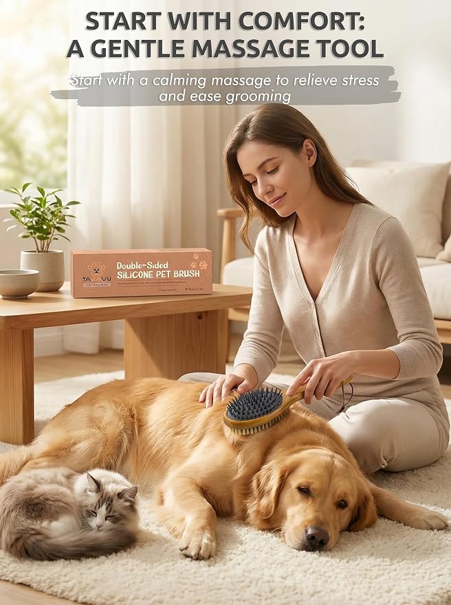 TAKAVU Short Hair Dog & Cat Deshedding Brush, Double-Sided Silicone Bristle | Grooming Brush for Pets, Gentle on Sensitive Skin, Wooden Handle, Reduces Shedding