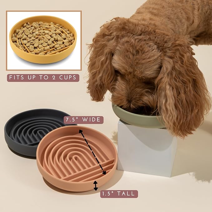 Slow Feeder Dog Bowls - Medium Size Silicone Slow Eating Dog Bowl for Puppies & Dogs with Suction Cup -Dishwasher-Safe, Lick Mat Design, Reduces Gulping,for All Breeds,7.5”x1.5”- Tan