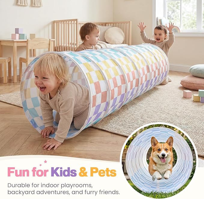 Kids Play Tunnel Tent for Toddler: 6-ft Peach-Skin Pop Up Crawl Tunnel Toy for Baby Infant Children - Collapsible Gift for Boy Girl Play Tunnel Indoor Outdoor Game (Colorful Checkered Tunnel)