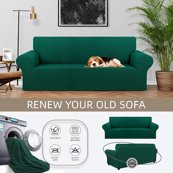 Stretch Couch Covers for Sofa, 3 Cushion Couch Slipcover,Hunter | 1-Piece Washable Sofa Cover Pet Friendly(78"-94") Furniture Protector Soft Jacquard, Elastic Bottom for Dogs & Kids