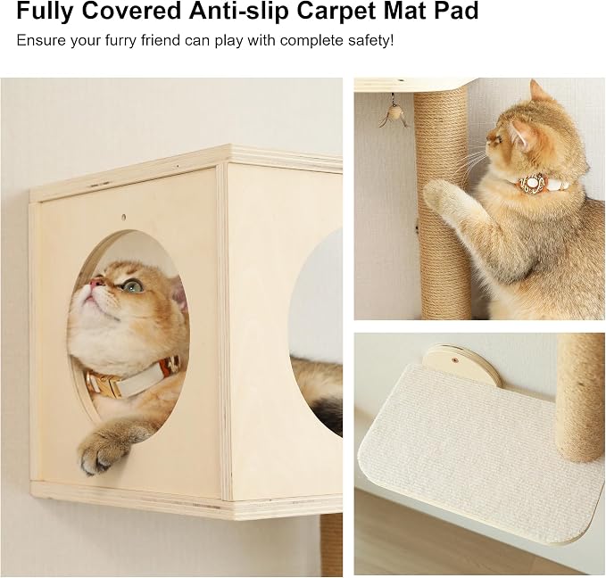 FUKUMARU Cat Wall Shelves, 5 in 1 Set, Beige | Stable Wooden Wall-Mounted Furniture Set, Kitty Climber with Hammock, House, Steps, Scratching Post
