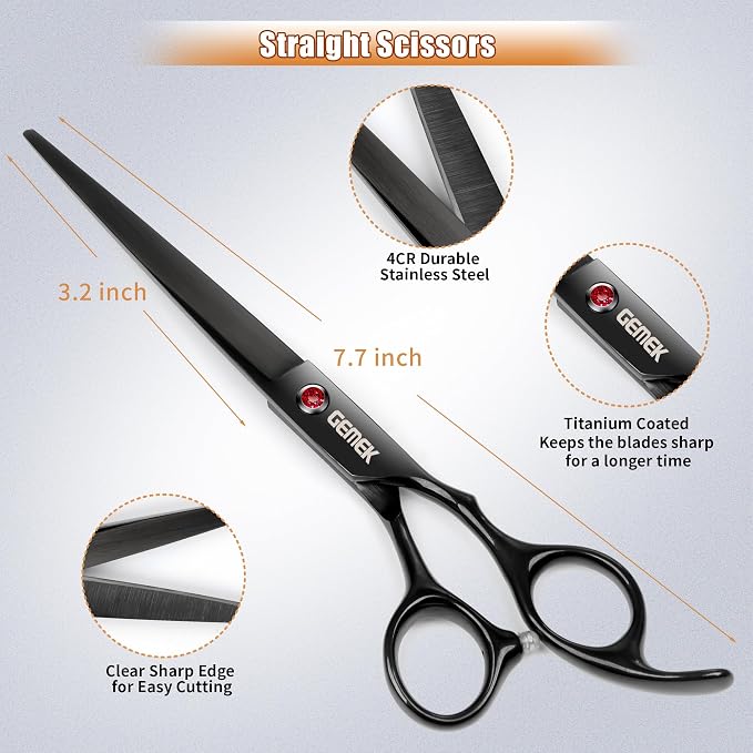 7.0in Titanium Professional Dog Grooming Scissors Set, GEMEK 6 in 1 Straight & Thinning & Upwards Curved & Downwards Curved Scissors & Comb for Dogs, Cats and Other Animals (Black)